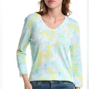 Edinburgh Knitwear Watercolor Tie-Dye Pima Cotton V-Neck Sweater L Spring Pastel